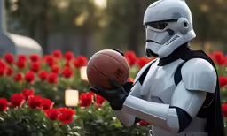 storm trooper plays basketball in star wars character costume