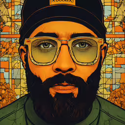a close up of a person with glasses and a beard,a painting of a man with glasses and a beard
