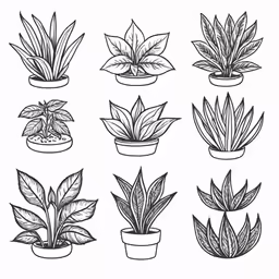 some plant drawings and an outline drawing of house plants