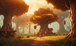 an image of a fantasy scene with a dirt path between some trees,a painting of two trees on a small dirt road