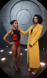 two women in bathing suits stand against a wall