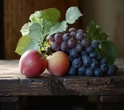 an apple, some grapes and peaches on a table