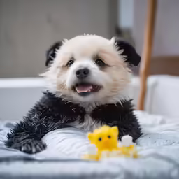 a little dog is laying down with his toy