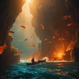 a man on a small boat in front of some red fish,a boat traveling through an opening in the ocean