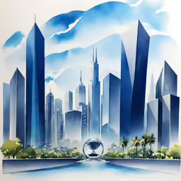a painting of a large cityscape with skyscrapers and an earth globe