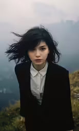 a girl with black hair in the mountain side