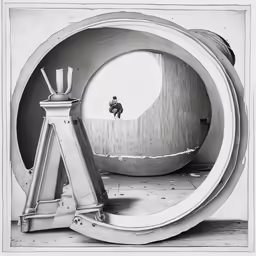 a man is on a large object near some stairs