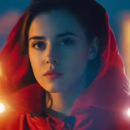 woman in red jacket with spotlights in the background
