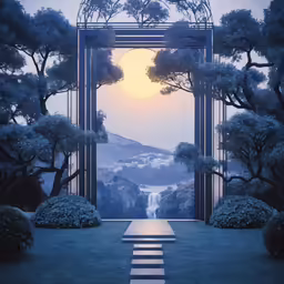 the view of a beautiful landscape with an opening into the forest and stairs going to a waterfall