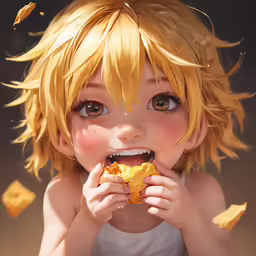a cartoon girl holding a piece of food while wearing a yellow hair