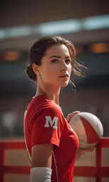 a women who is playing volleyball holding a ball