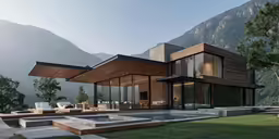 a modern home that looks out onto the hills