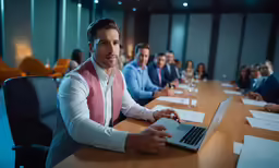 a man is on his laptop at a conference room
