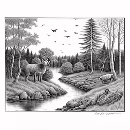 an illustration of a river in the forest with a deer and ducks,this is an illustration of a forest scene