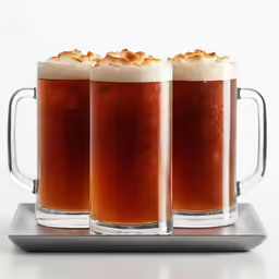 three large glasses with different flavor beverages on a tray