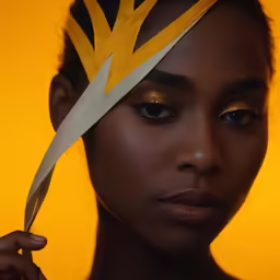 a woman with yellow and white feathers on her head
