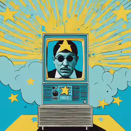 a man with glasses is looking at the tv screen,the poster of martin luther king with stars above it