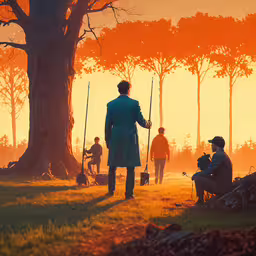 two men standing on a grass covered field in front of trees,a person standing in the middle of a park with other people