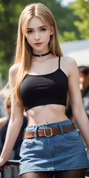 an attractive young woman in blue skirt and bra