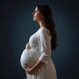 pregnant woman in white dress holding her stomach