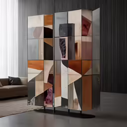 the back of a wooden display unit in a room