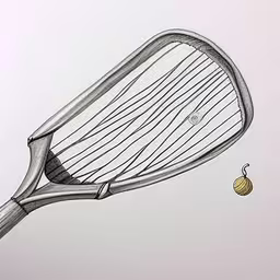 a tennis racket hitting an apple with a string,this is an artistic drawing of a tennis racket hitting a yellow ball,the tennis racket has a ball flying next to it,the metal utensil is holding an orange,a drawing of a racquet and apple