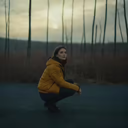a woman squatting down in the park in front of some trees