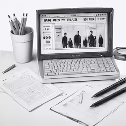 a laptop with keyboard and two pens on it