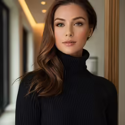 a woman standing with a very long, brown hair