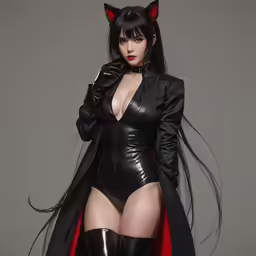 a woman in catsuit and long boots is posing for a photograph