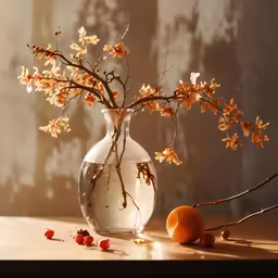an arrangement of peaches, branches, and flowers in a vase