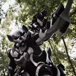 a statue of a robot holding scissors in a forest