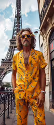 man with glasses and yellow pajamas standing near a fence,a man is standing in front of the eiffel tower