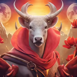 a white goat wearing a red outfit and looking at the camera