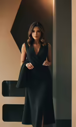 a woman in a black dress posing against a wall