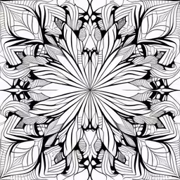 black and white abstract drawing with lines in the center,a large abstract flower pattern that is black and white,a circular flower with large leaves and shapes, black and white,an ornate design is featured in black and white,an artistic and unique black and white design