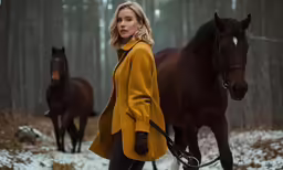 a beautiful blond woman standing next to a brown horse