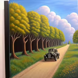 a painting on a wall of a car going down a country road,a painting of a car driving down a road in front of a forest,a painting on a wall showing a classic car,a painting of a vintage car driving on a dirt road,painting depicting vintage car driving down a rural road
