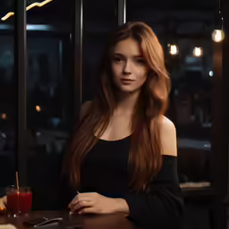 young woman sitting at a bar with red hair in her hands