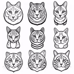 several different kinds of cats with big eyes,a group of cats that are drawn in different ways,six variations of cats
