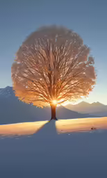 this is a lone tree with a large sun shining through it