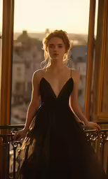 a woman wearing a black gown leaning on a balcony
