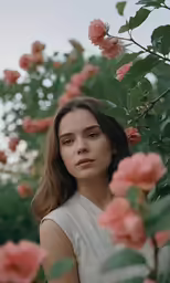 a woman is looking at the camera and some pink flowers