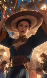 a woman wearing a hat and a dress is in the middle of fireworks