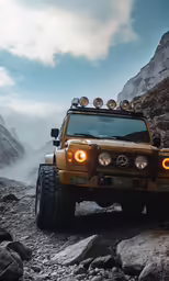a jeep with lights is on on some rocks