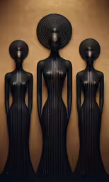 three mannequins in black dresses with a large, hat head on each one