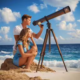 a woman is sitting on the sand with a man looking into a telescope