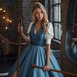 a young lady standing on the stair railing in a dress