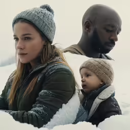 the image shows two people and a child in the snow