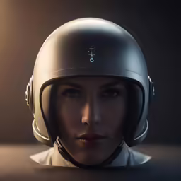a girl with a sleek helmet, on a black background